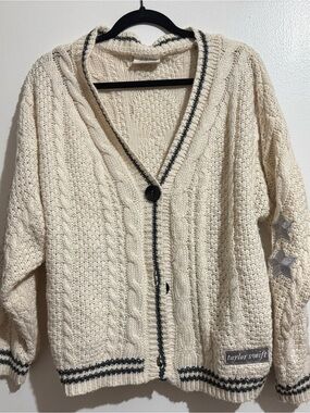 Taylor Swift Cream Cable-Knit Cardigan with Black Trim